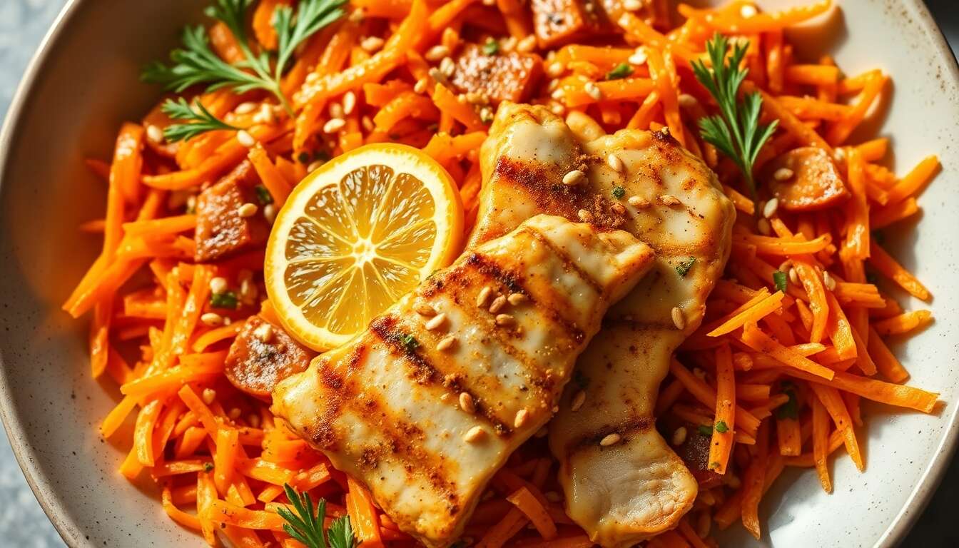 Salade de carottes orientale : citron confit et poulet au cumin