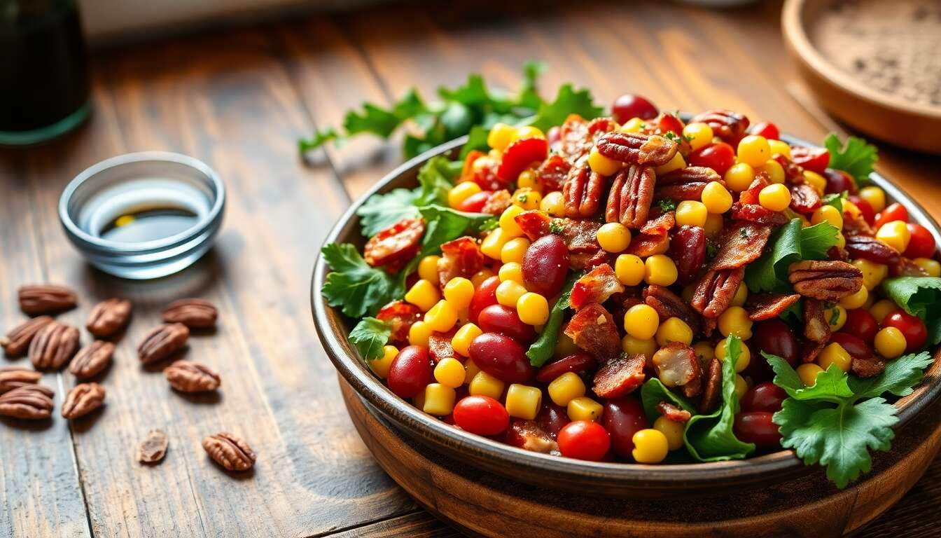 Salade de haricots, bacon, pécan et maïs : recette gourmande