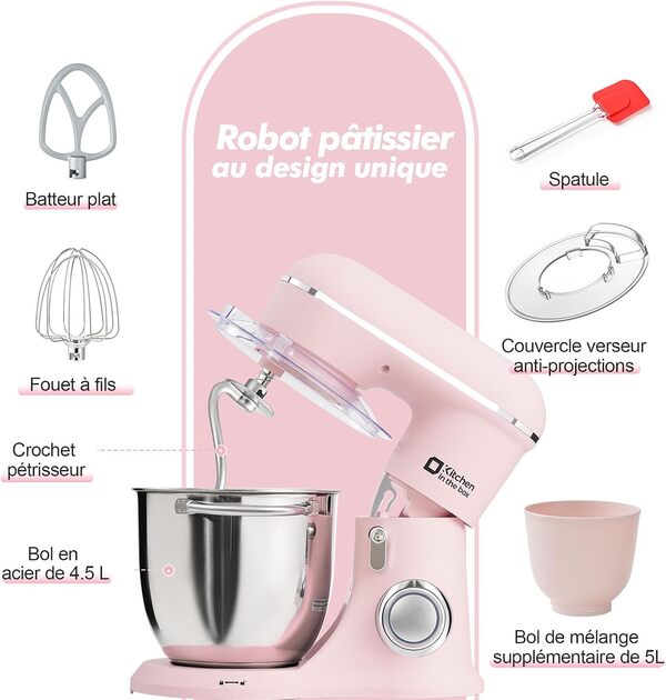 Kitchen in the box Robot Pâtissier, 4.5L+5L 2Bols Robots de Cuisine, 10 Vitesses Batteur Electrique Cuisine, 1300W Pétrin Professionnel avec Fouet, Batteur, Crochet (Rose)