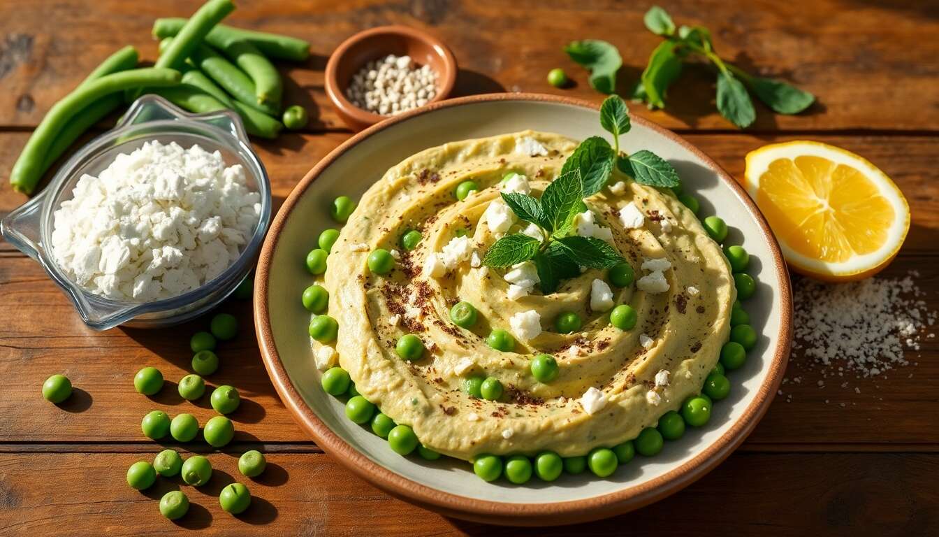 Recette : dip de Fèves, petits Pois, menthe et Fromage de Brebis