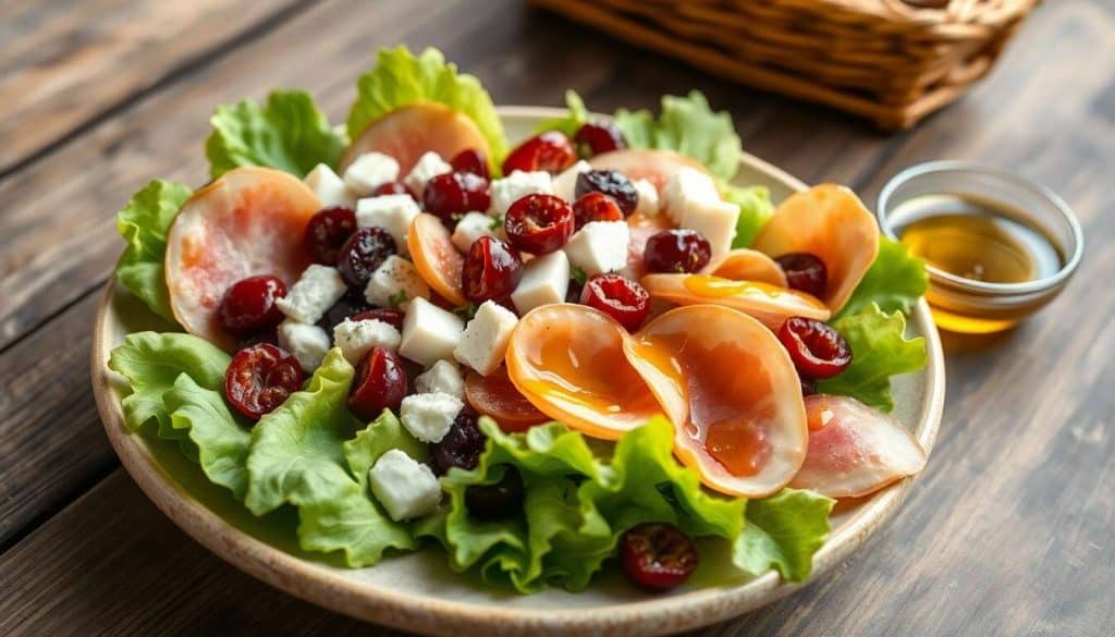 Salade fromage de brebis, cerises et viande des Grisons : recette gourmande
