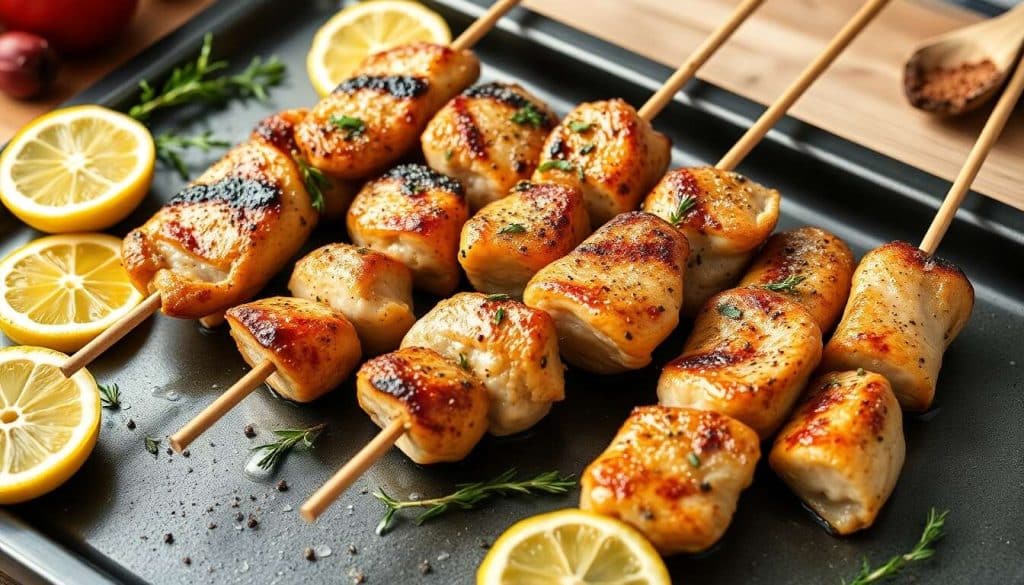 Brochettes de poulet au citron, thym et estragon à la plancha