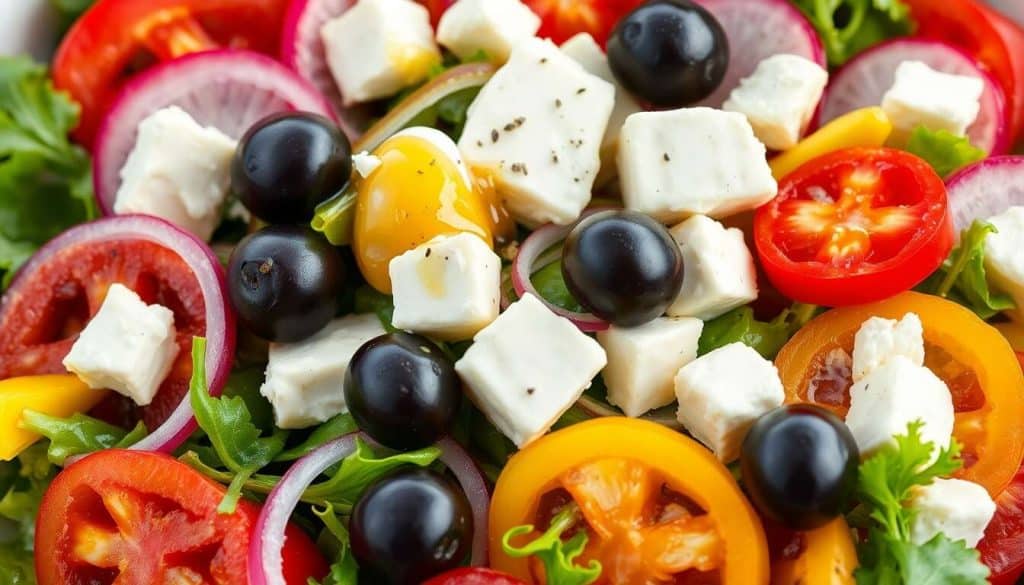 Salade de poivrons, radis, tomates, olives et fromage frais : recette savoureuse