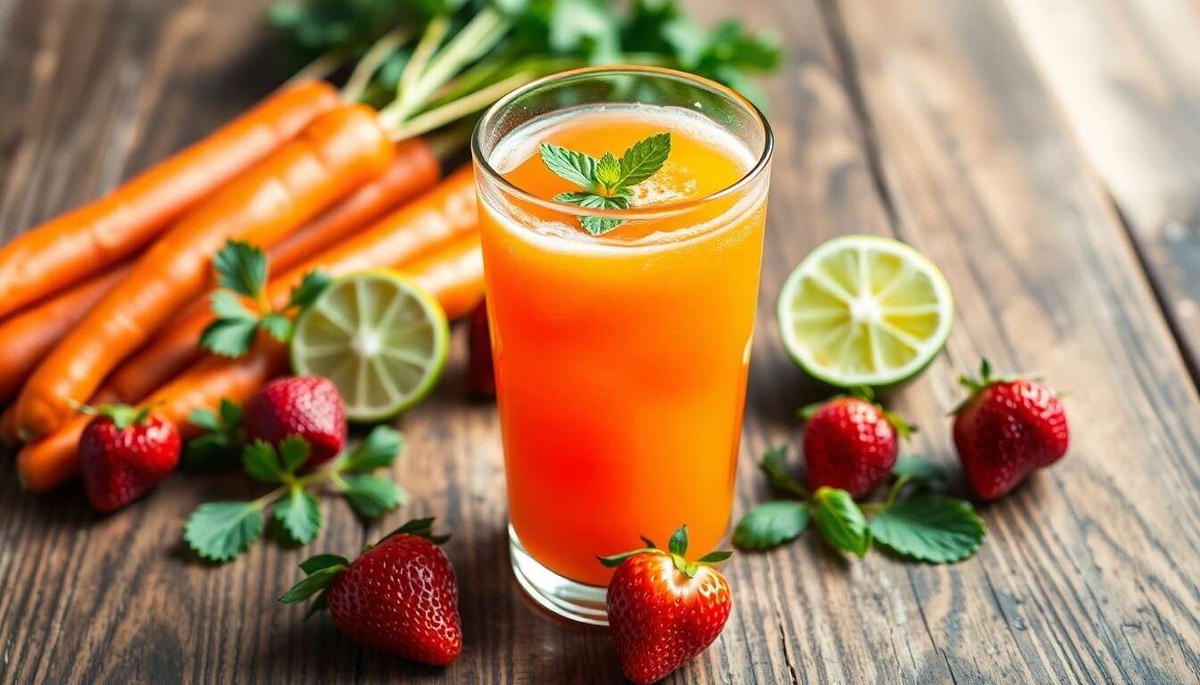 Recette d'un jus d&eacute;tox carotte, fraise et citron vert
