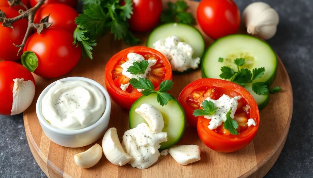 Verrines de tomates et concombres au fromage frais ail et fines herbes : recette savoureuse