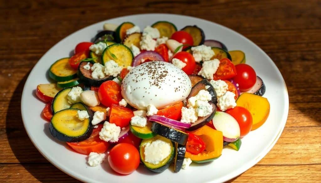 Poêlée de légumes d'été au fromage de brebis et œuf parfait