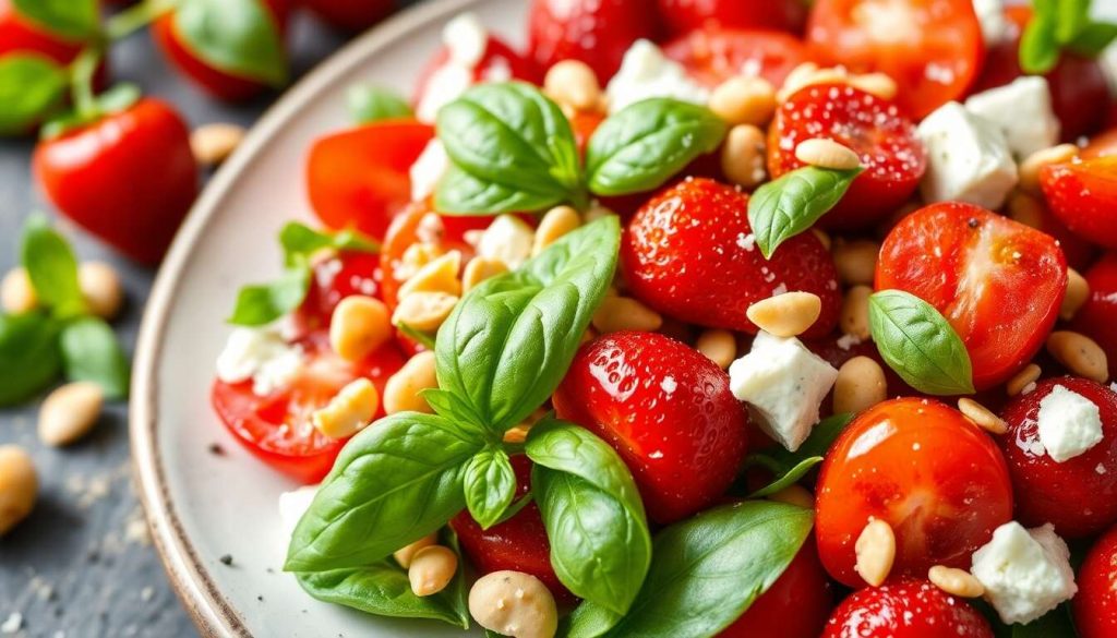 Salade de fraises et tomates cerises au fromage frais