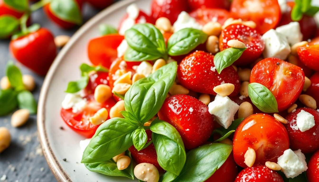 Salade de fraises et tomates cerises au fromage frais
