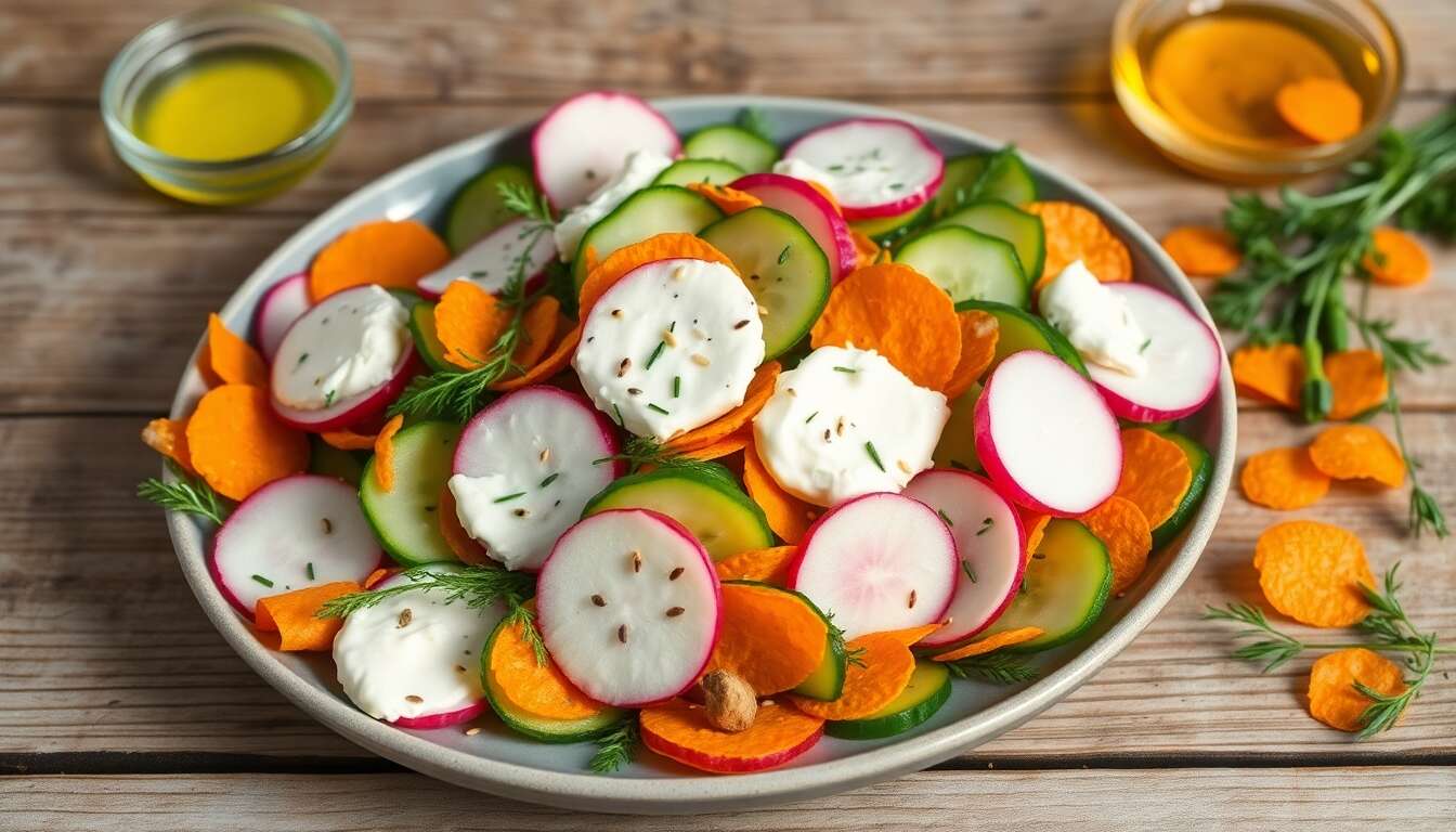 Recette de salade de concombre et radis au fromage frais et chips de carotte