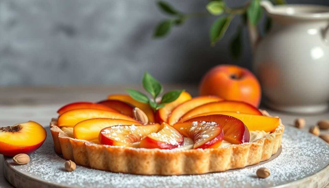 Tarte aux pêches jaunes et pistaches : recette avec pâte sablée aux amandes