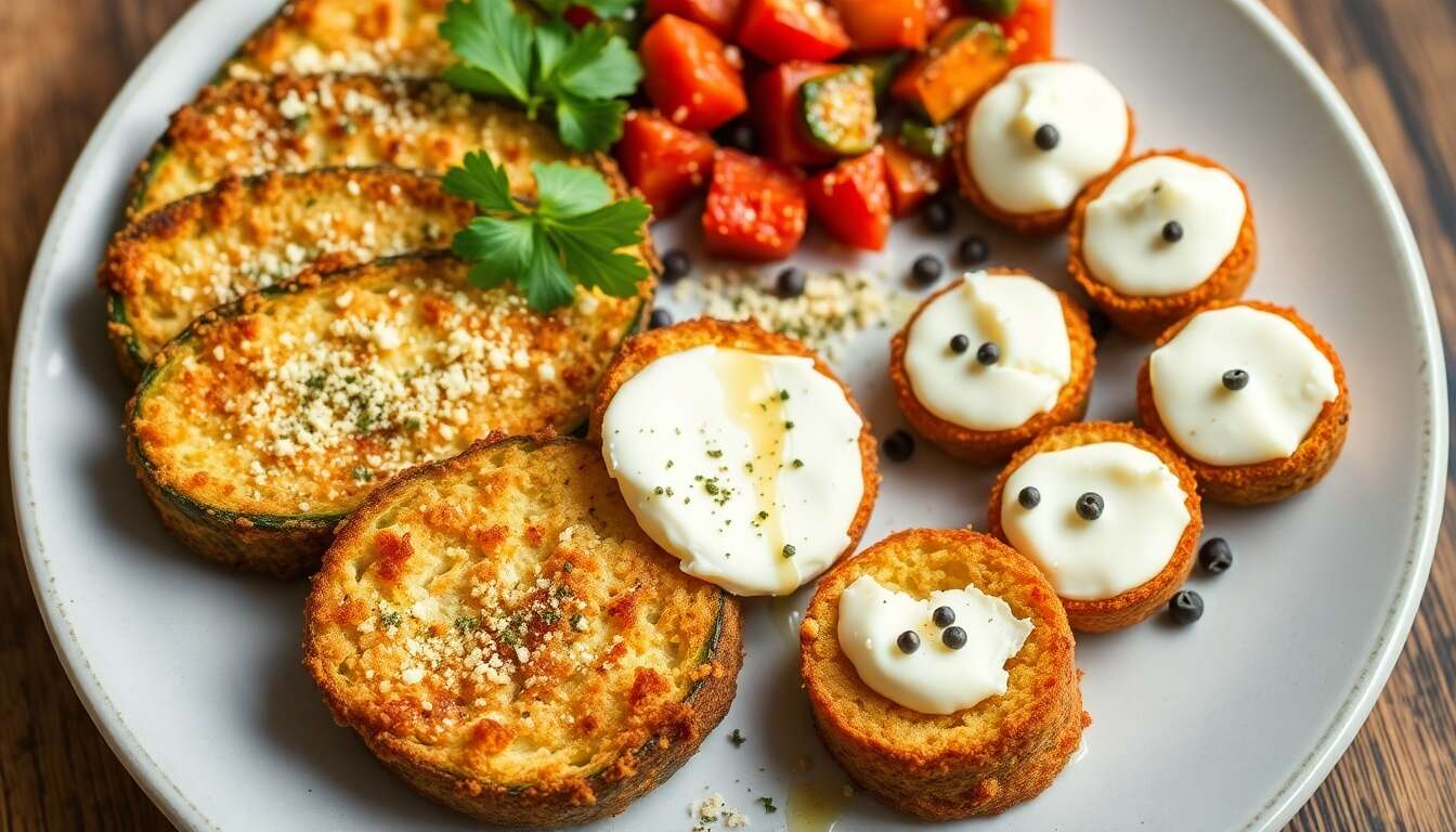 Toasts de courgettes panées, ratatouille et bouchées de fromage de chèvre