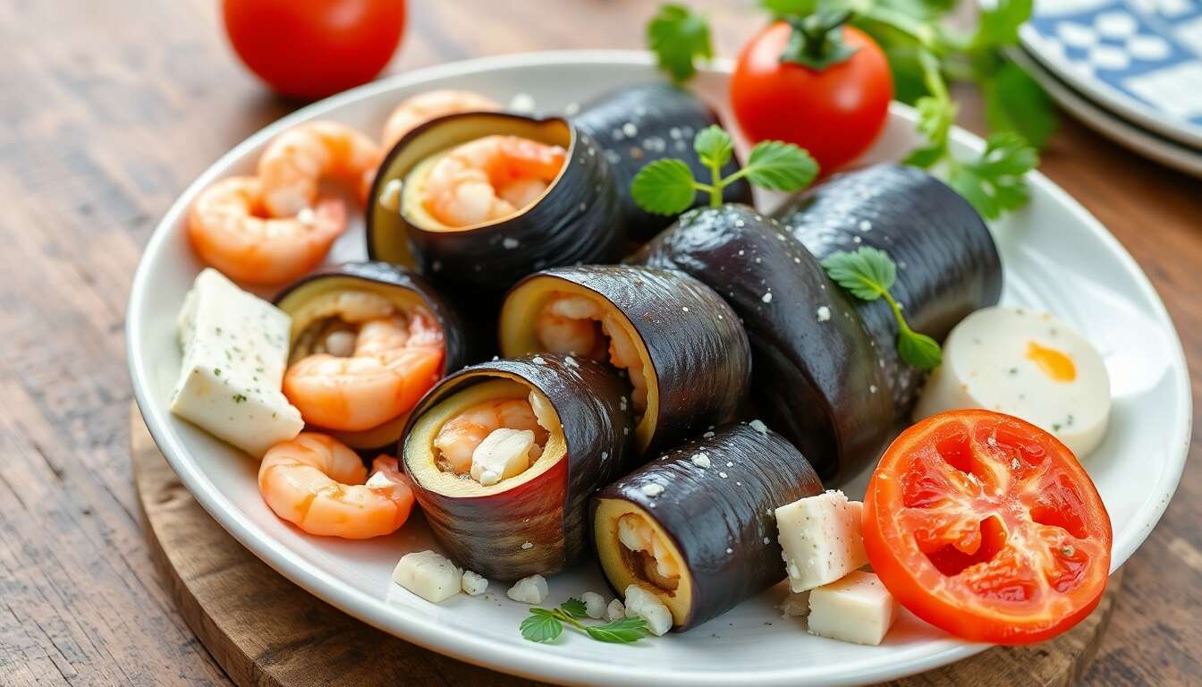 Roulés d'aubergines : crevettes et fromage de brebis