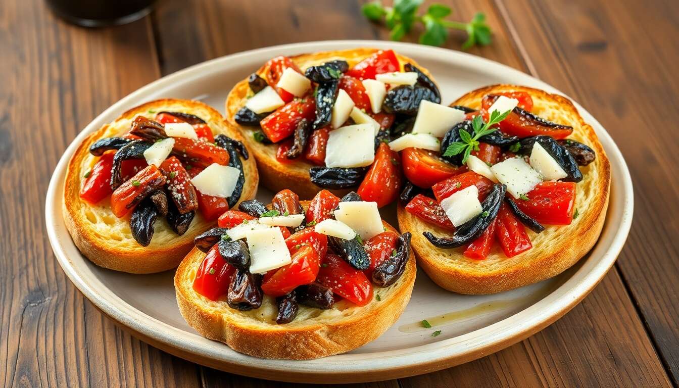 Tartine au caviar d'aubergine, tomates confites et fromage