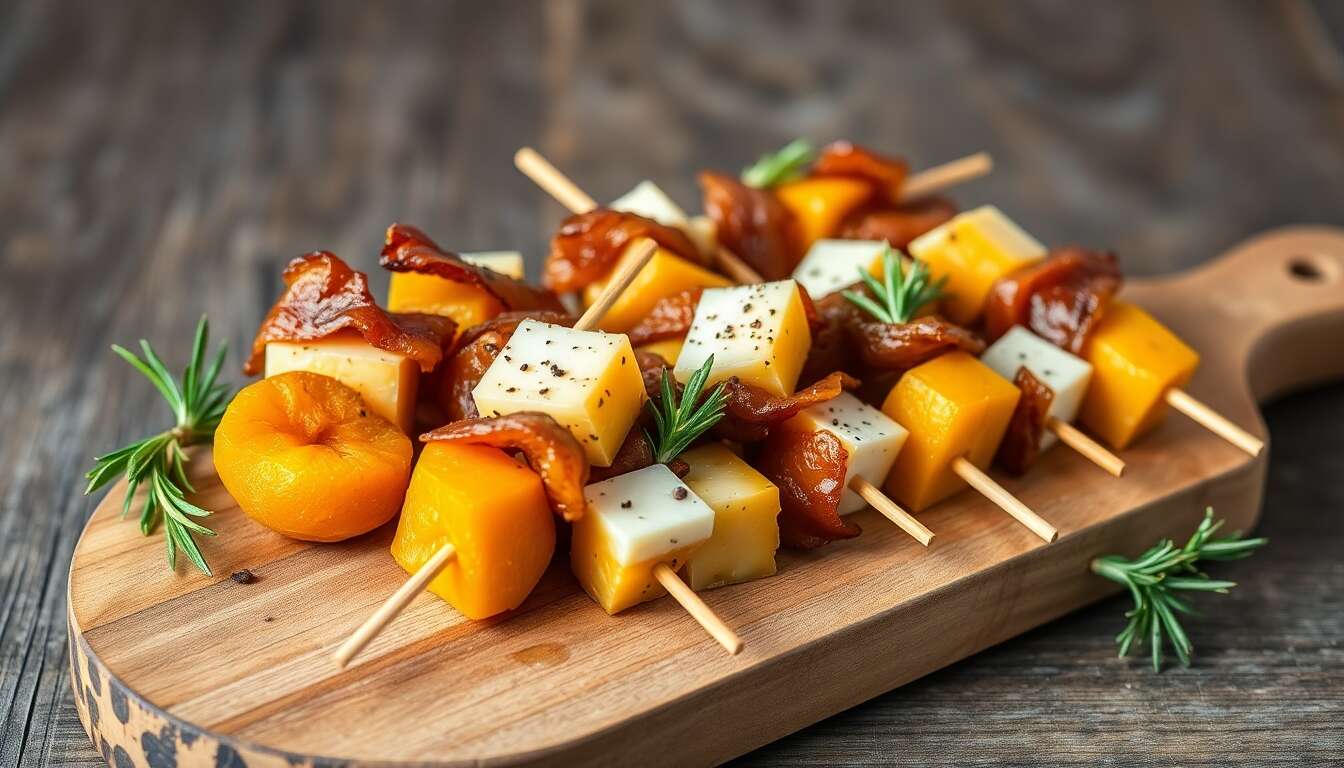Brochettes apéro aux abricots, fromage et romarin : recette gourmande