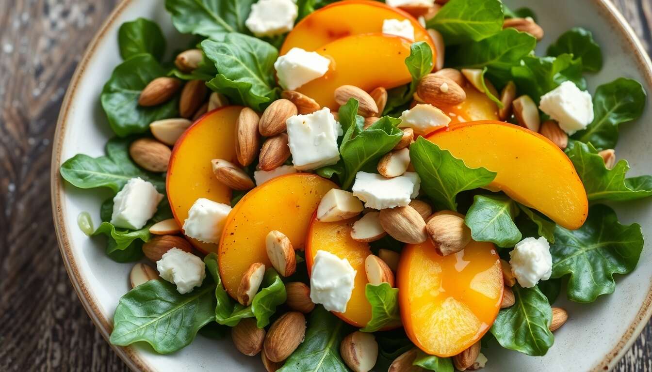 Salade pêche, roquette, amandes et fromage : recette gourmande