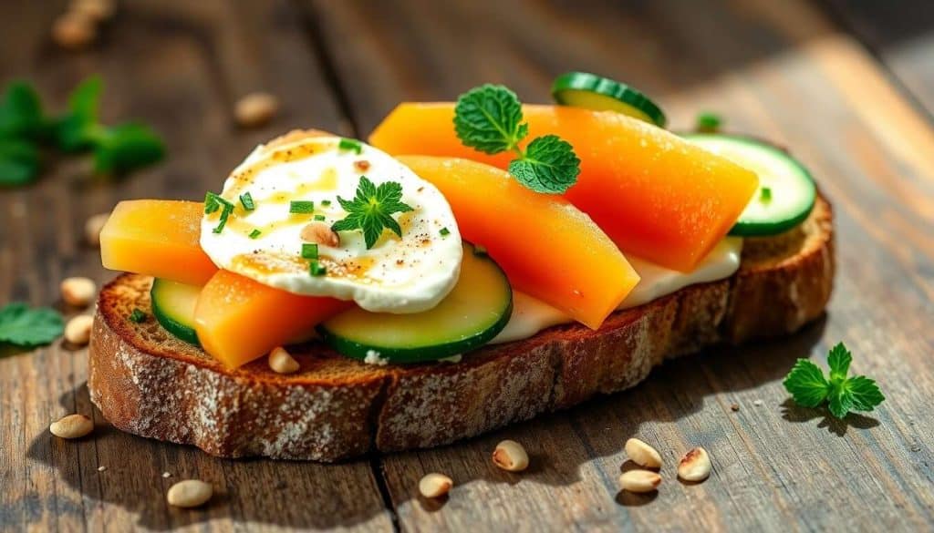 Tartine fraîcheur : melon, concombre et fromage frais