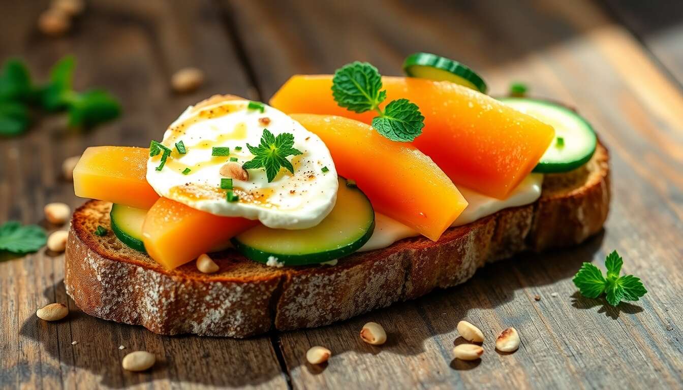 Tartine fraîcheur : melon, concombre et fromage frais