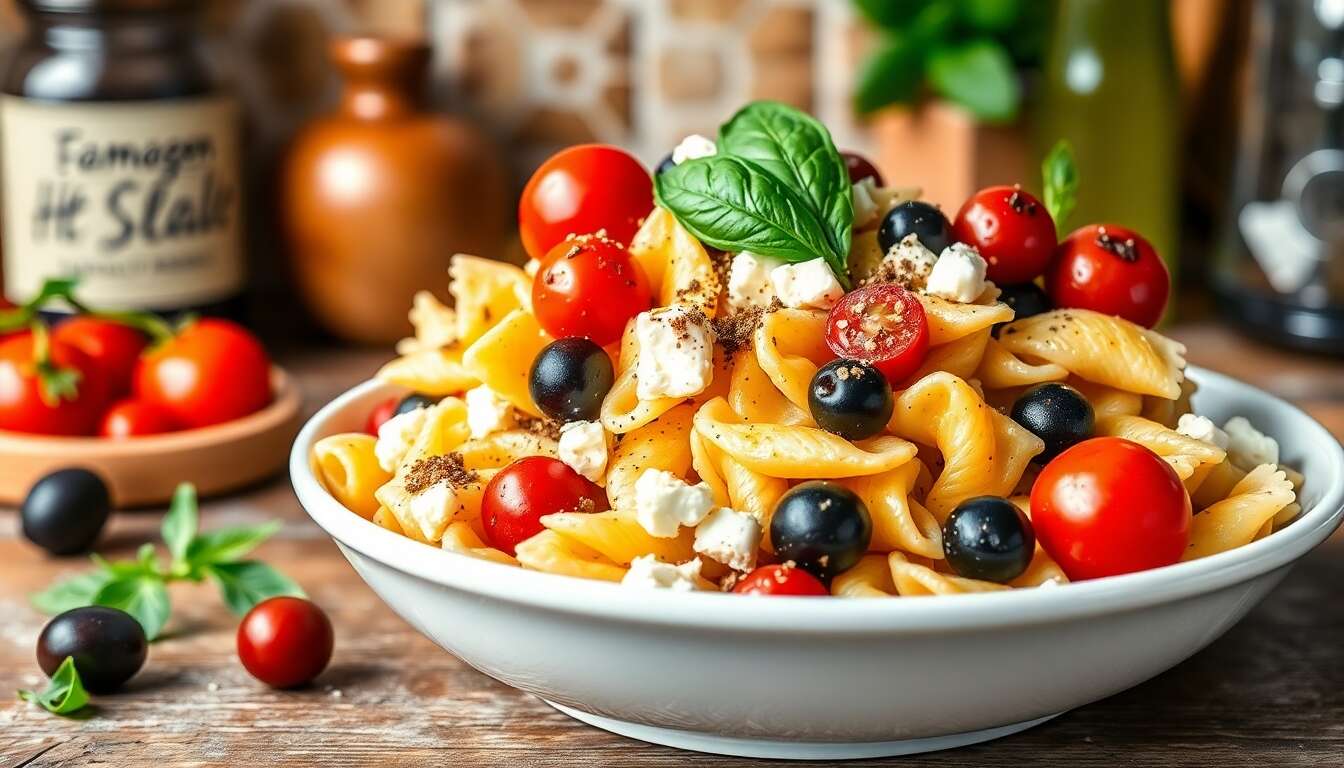 Salade de pâtes : recette fraîcheur aux tomates cerise, olives et fromage frais