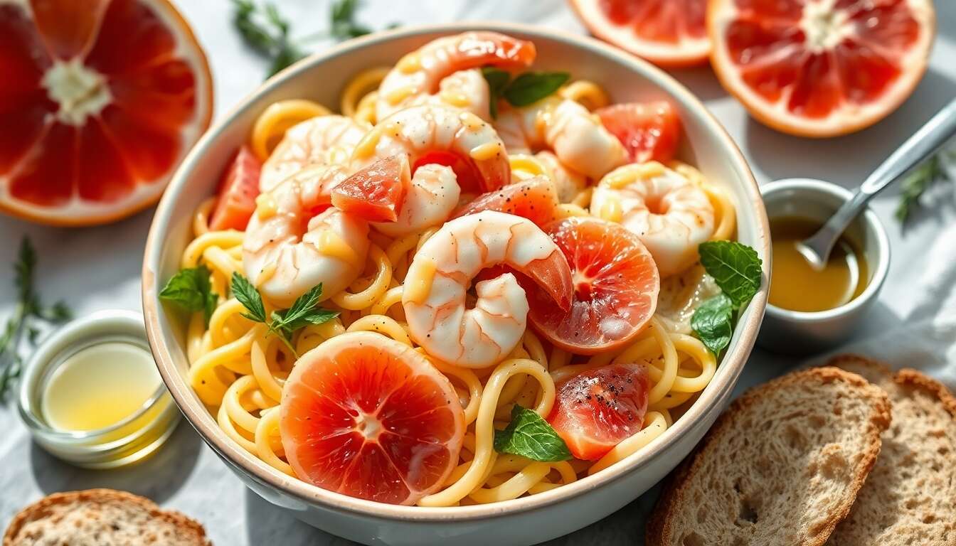 Salade de pâtes complètes aux crevettes et pamplemousse