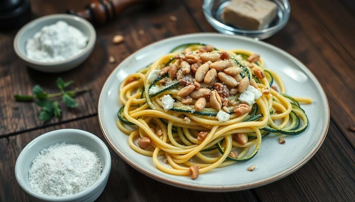 Tagliatelles de courgettes, pignons et brebis : recette savoureuse