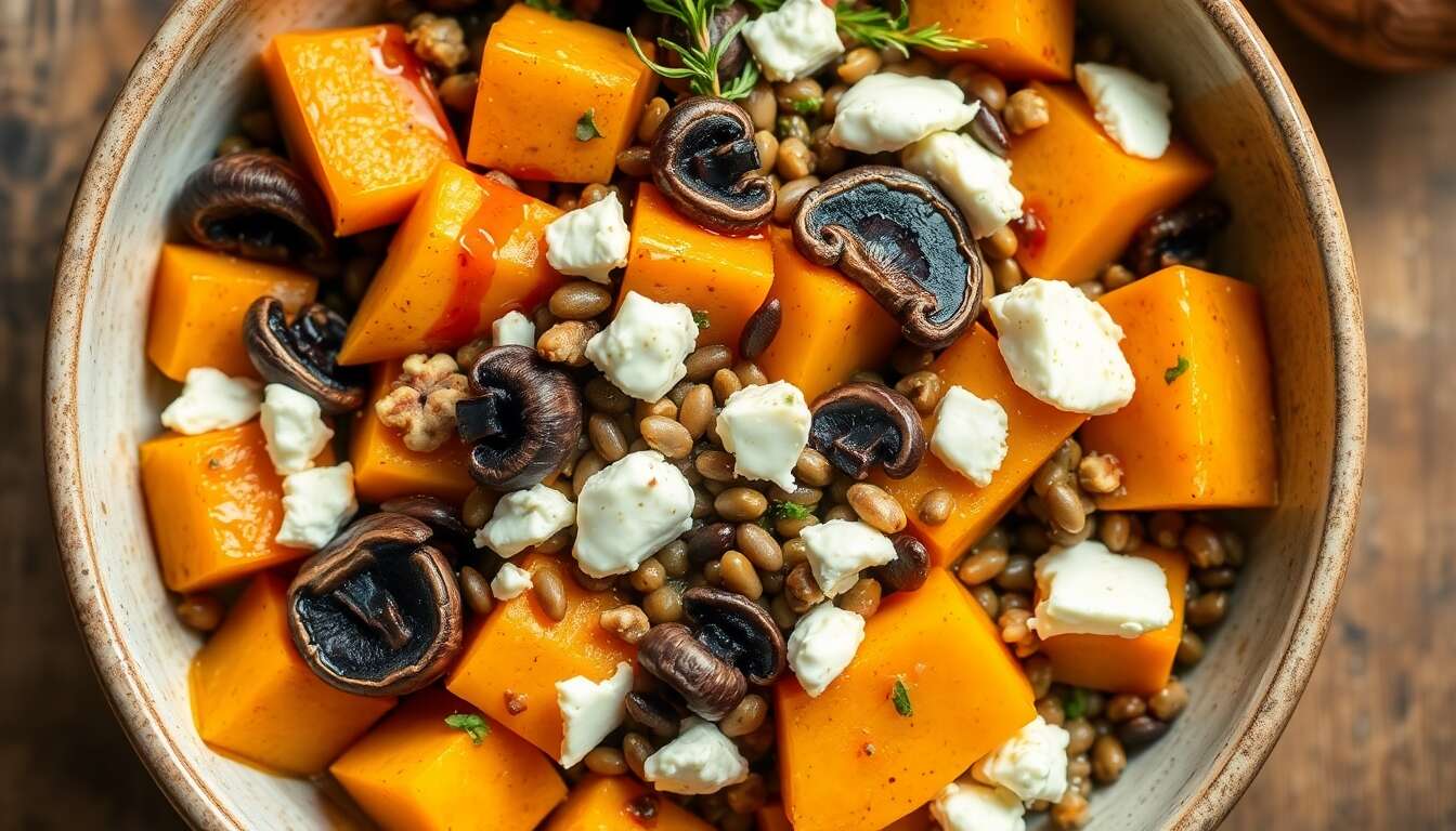 Recette de salade de butternut et champignons au fromage