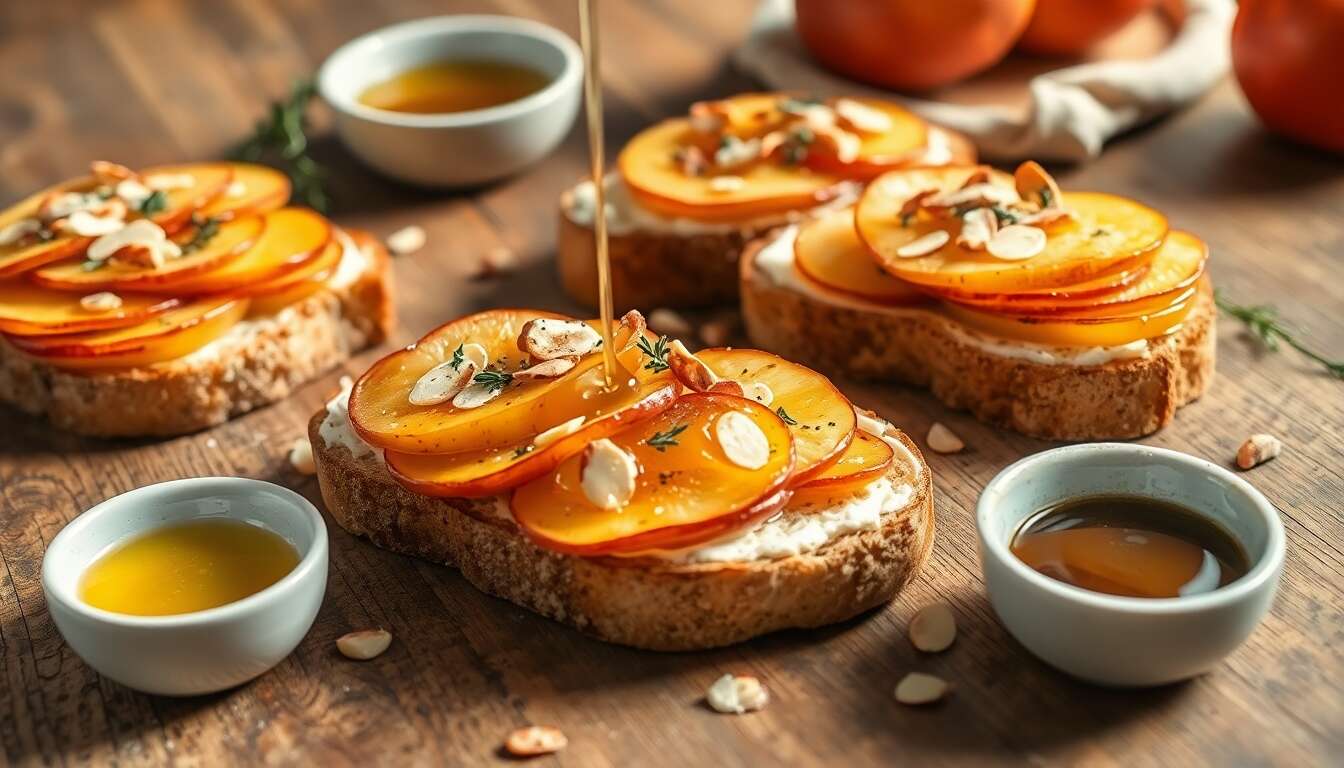 Tartines de pommes rôties au miel, fromage et amandes