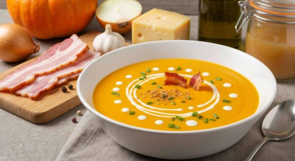 Velouté de potiron au fromage frais : recette gourmande et chips de lard
