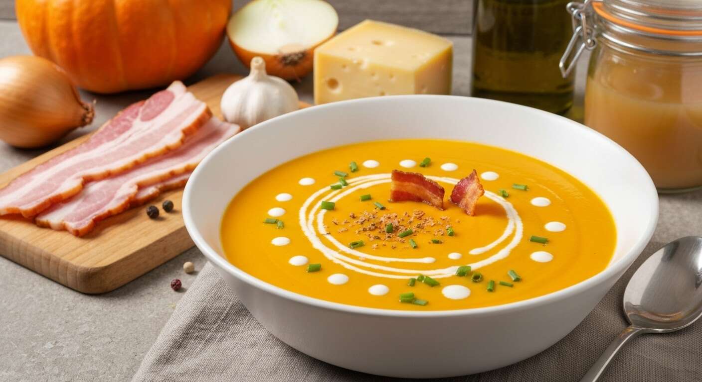 Velouté de potiron au fromage frais : recette gourmande et chips de lard