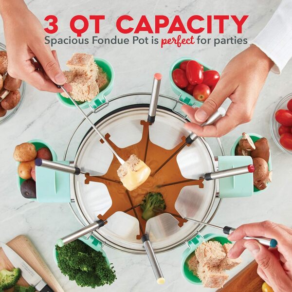 DASH DFM250GBAQ04 Appareil à Fondue en Acier Inoxydable de Luxe avec Contrôle de la température, fourchettes, Tasses et Support, avec Guide de Recettes Inclus, 3 litres, antiadhésif, Aqua