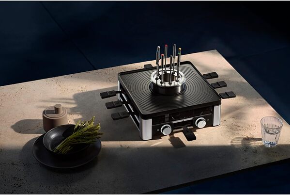 WMF Lumero Station Gourmet 3-en-1, Raclette, Appareil à fondue, Grill électrique d'intérieur, 8 personnes, Gamme complète d'accessoires, Cuisson simultanée, Revêtement acier inoxydable 0415480011 [Classe énergétique A+]