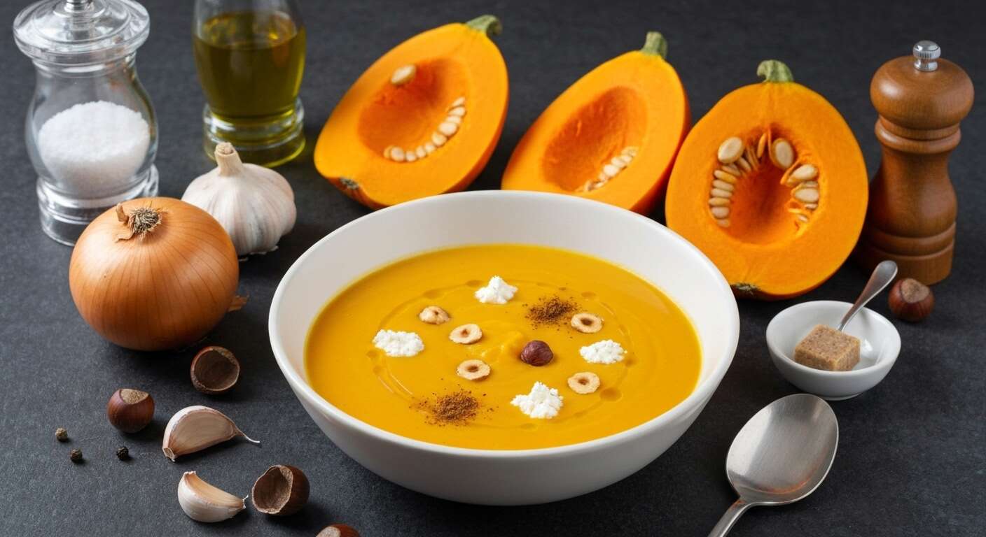 Velouté de potimarron, noisettes grillées et fromage frais