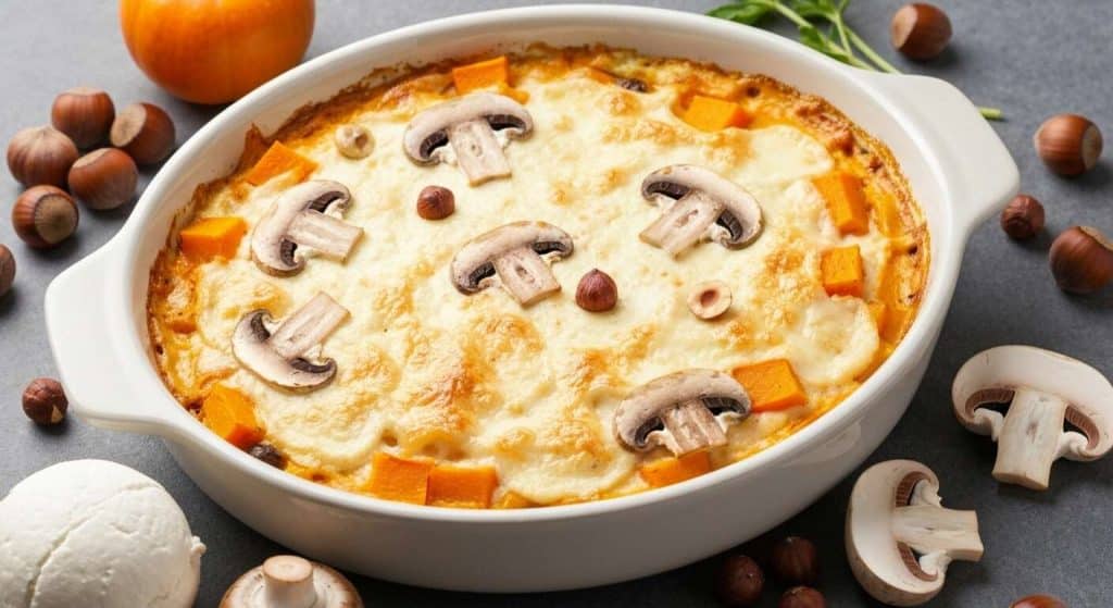 Gratin de potiron au chèvre, champignons et noisettes : recette savoureuse