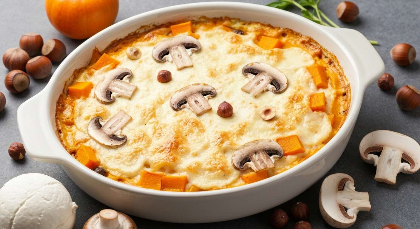 Gratin de potiron au chèvre, champignons et noisettes : recette savoureuse