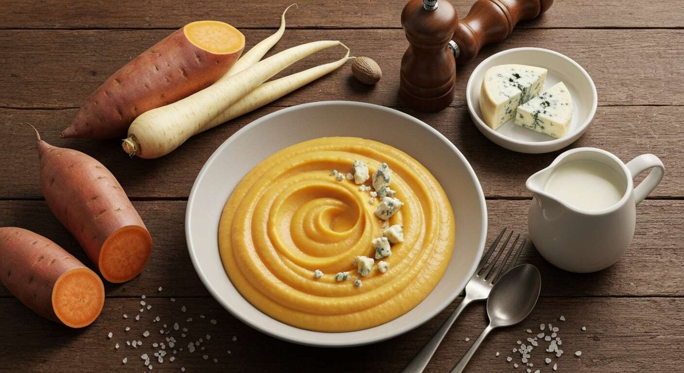 Purée de patate douce et panais à la crème de bleu