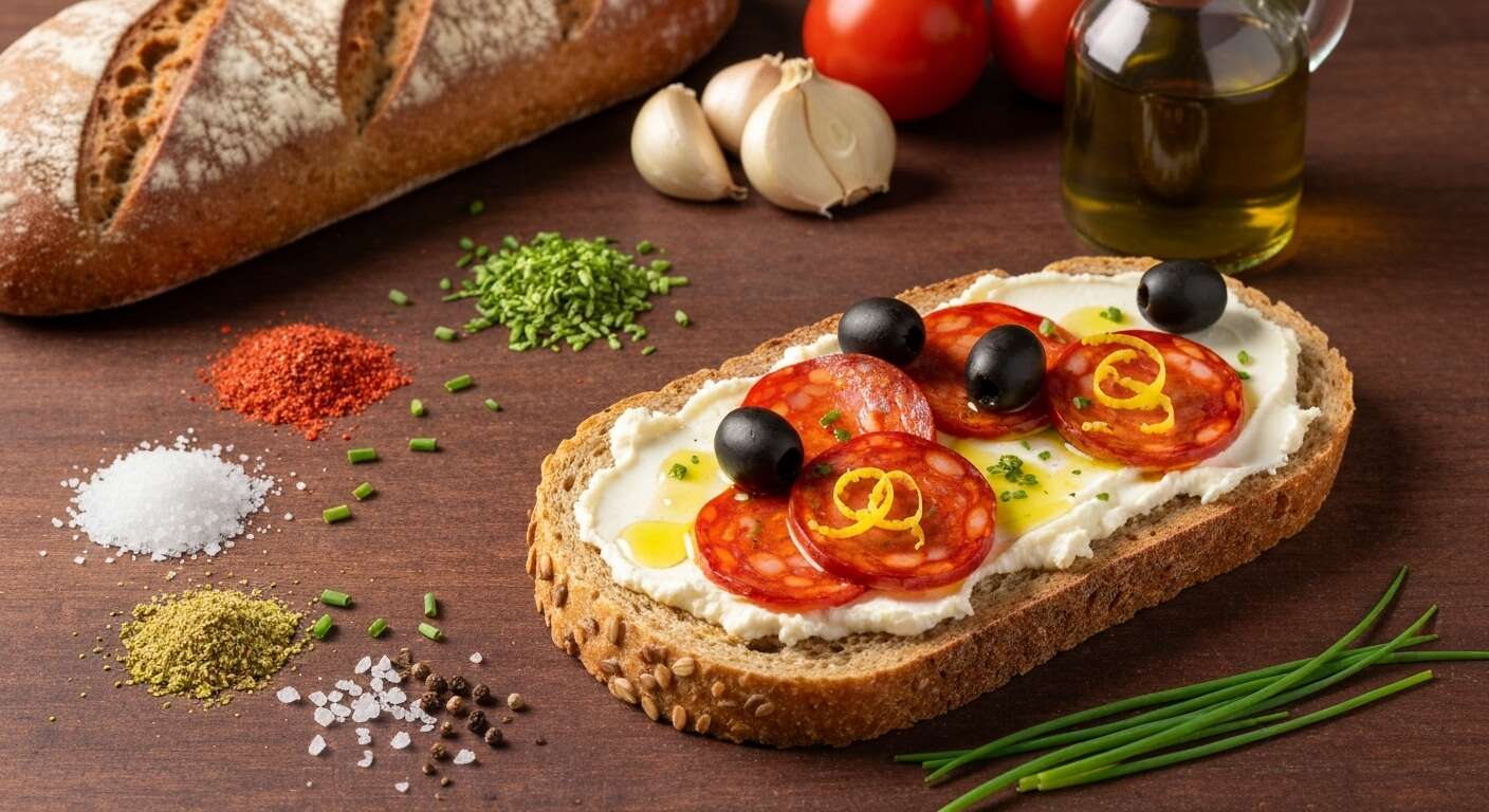 Tartine au fromage frais, olives et chorizo : recette gourmande