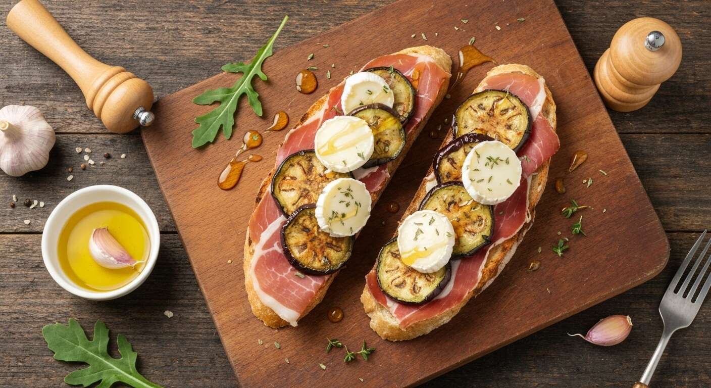 Toast au jambon cru, fromage de brebis et aubergine
