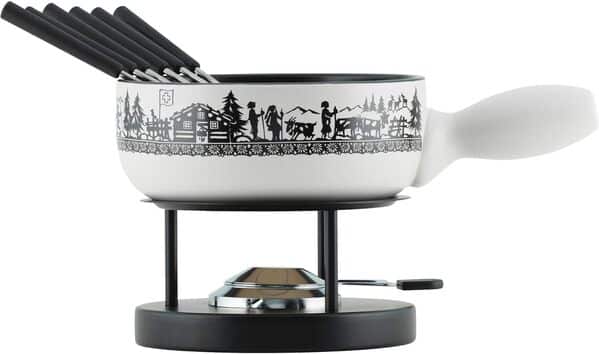 KUHN RIKON Alpenweide Set à fondue au fromage en argile compatible avec induction avec réchaud, brûleur à pâte et fourchettes Blanc 23 am