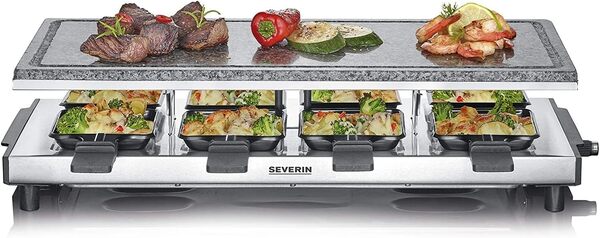 SEVERIN Raclette Gril 8 personnes, Pierre de Cuisson Naturelle, Thermostat Réglable, Surface de Cuisson 48,5 X 24 cm, Noir/Inox, RG 2374 [Classe énergétique A+]