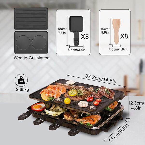 2-en-1 Appareil a Raclette 8 Personnes Machine a Raclette Anti-adhésif Plaque de Cuisson Bilatéral Appareil Raclette Surface de cuisson 44 x 30 cm 1300W