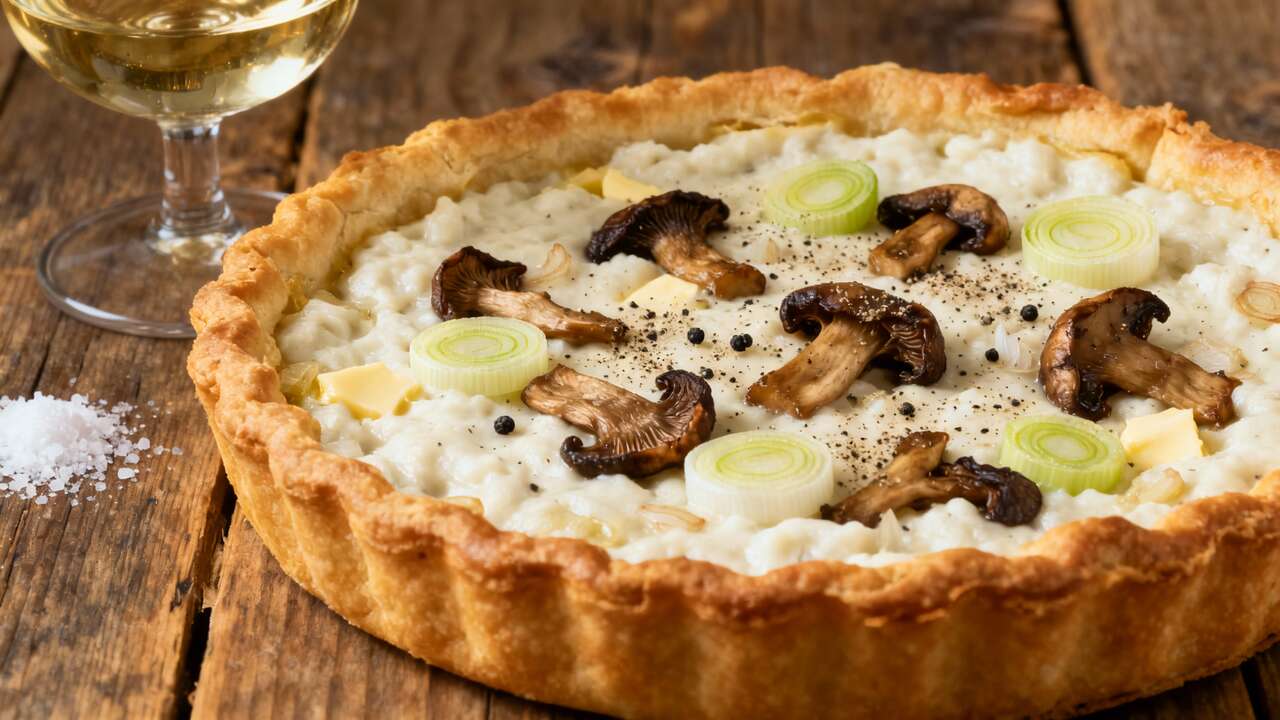Tarte feuilletée au boudin blanc, cèpes et poireaux : recette savoureuse