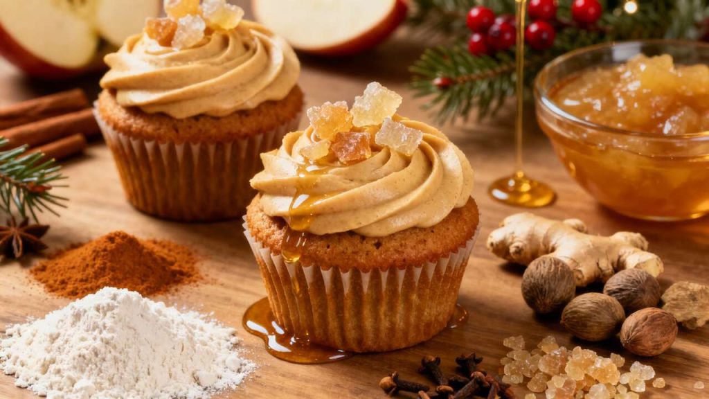 Cupcakes épicés de Noël : recette avec glaçage miel et gingembre cristallisé