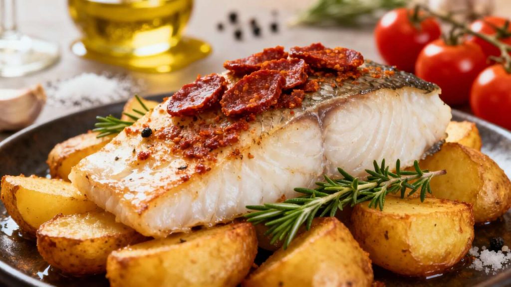 Cabillaud au chorizo sur lit de pommes de terre : recette savoureuse