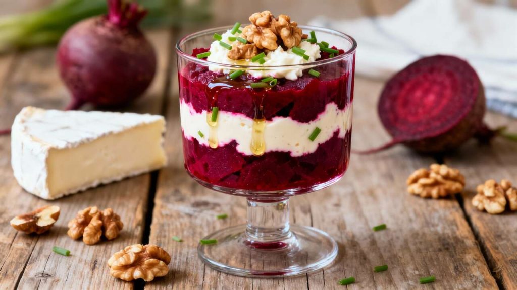 Verrine de betterave, noix et crème de camembert : recette gourmande