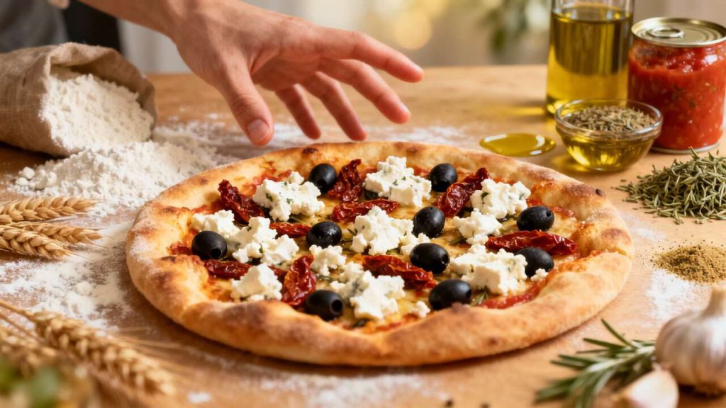 Pizza méditerranéenne au fromage de brebis : recette savoureuse