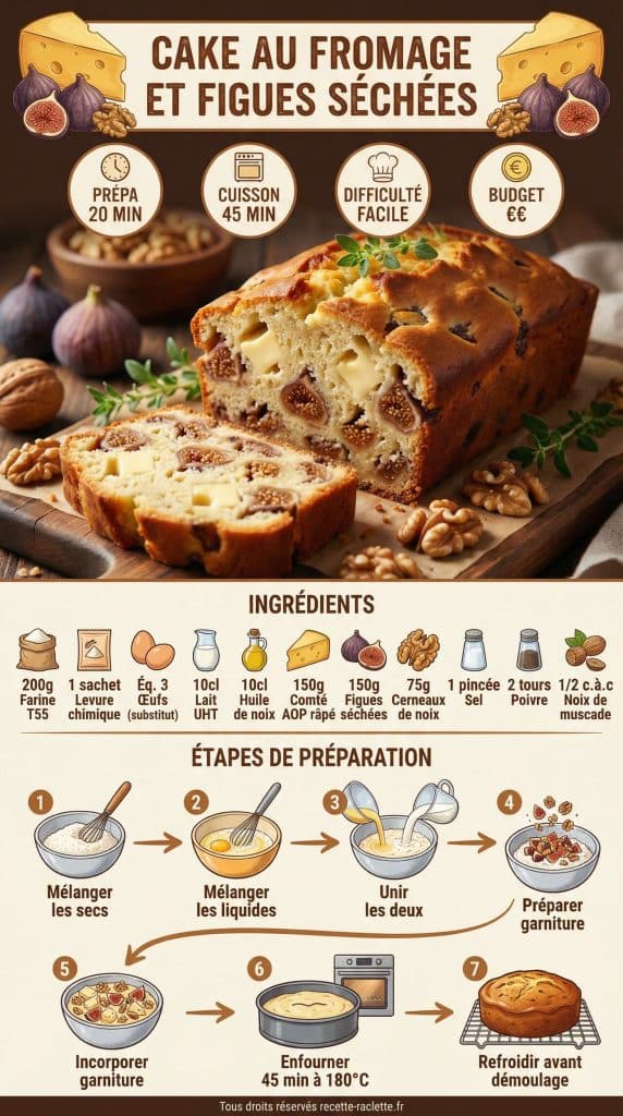 infographie de la recette Cake au fromage et figues séchées : découvrez la recette savoureuse