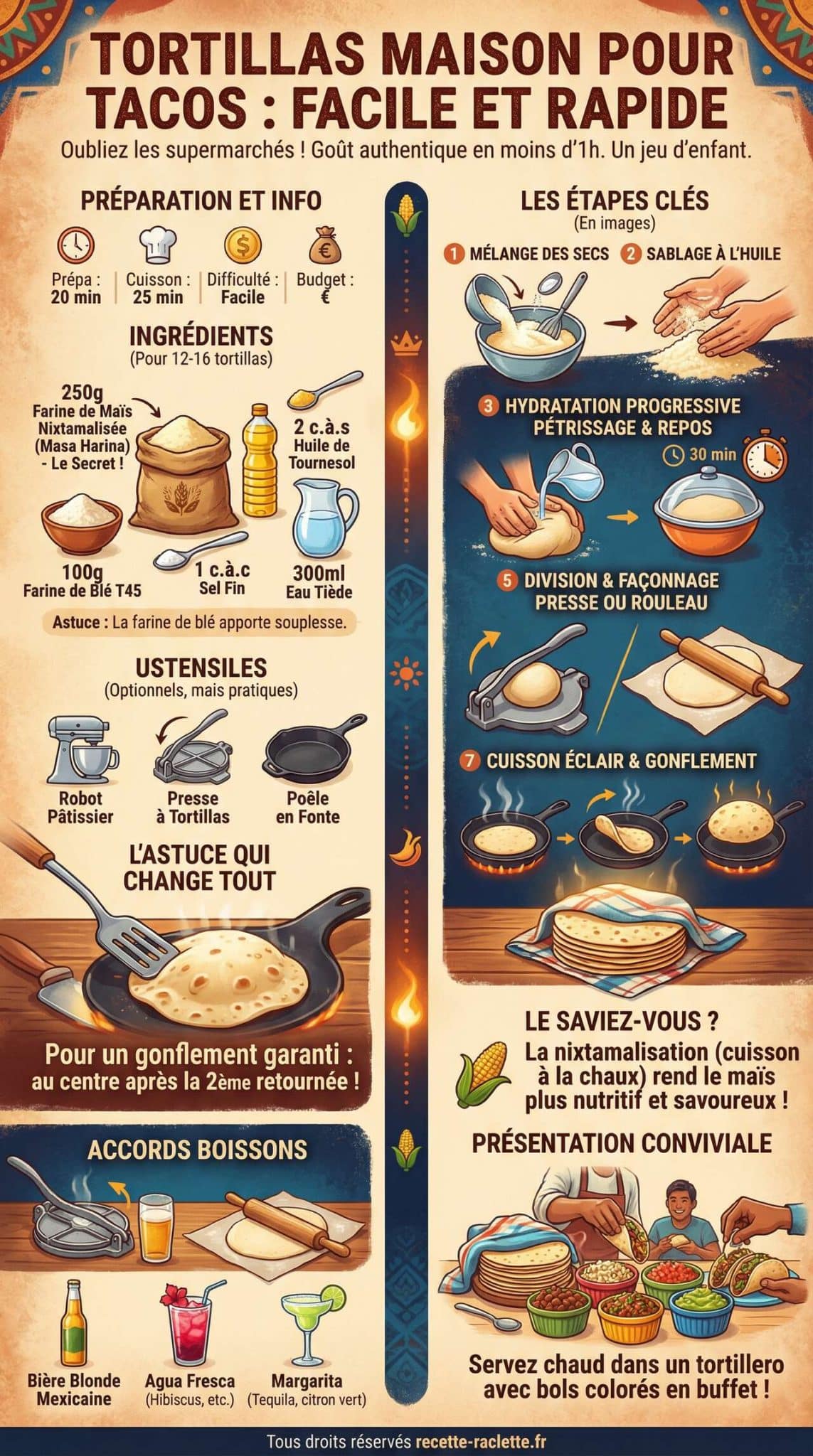 Infographie de la recette Recette tortillas maison pour tacos : facile et rapide