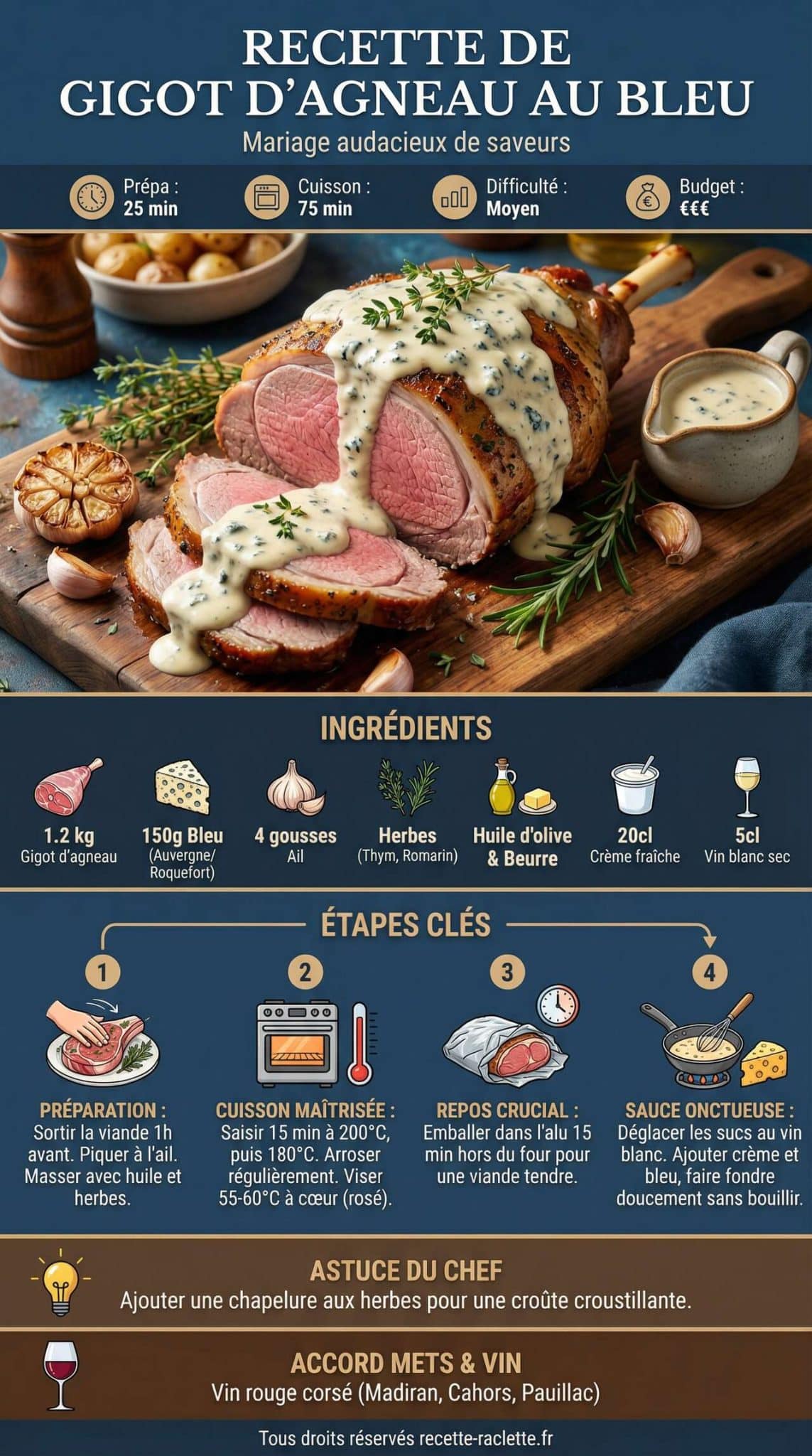 Infographie de la recette Recette de gigot d'agneau au bleu Infographie de la recette Recette de gigot d'agneau au bleu