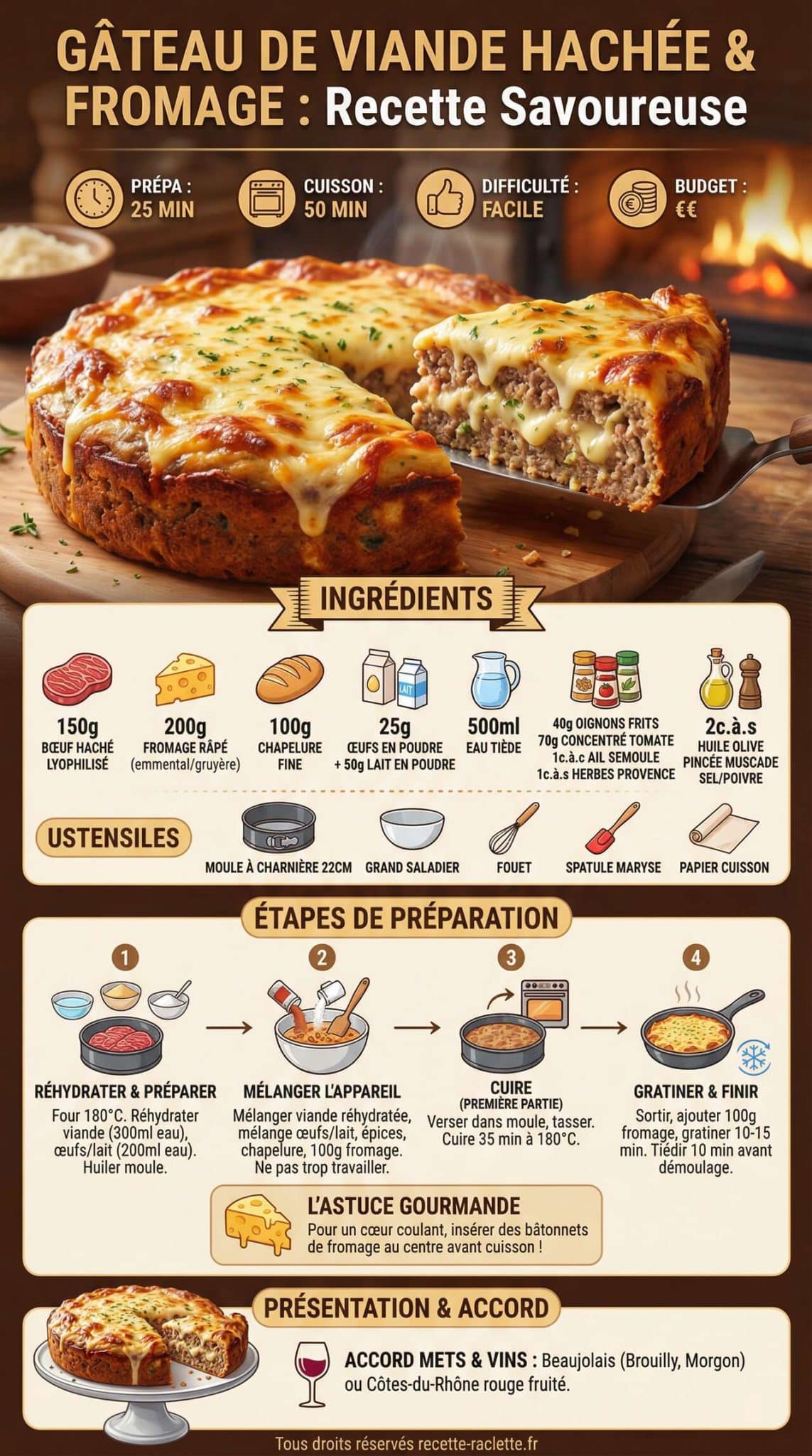 Infographie de la recette G&acirc;teau &agrave; la viande hach&eacute;e et fromage : recette savoureuse