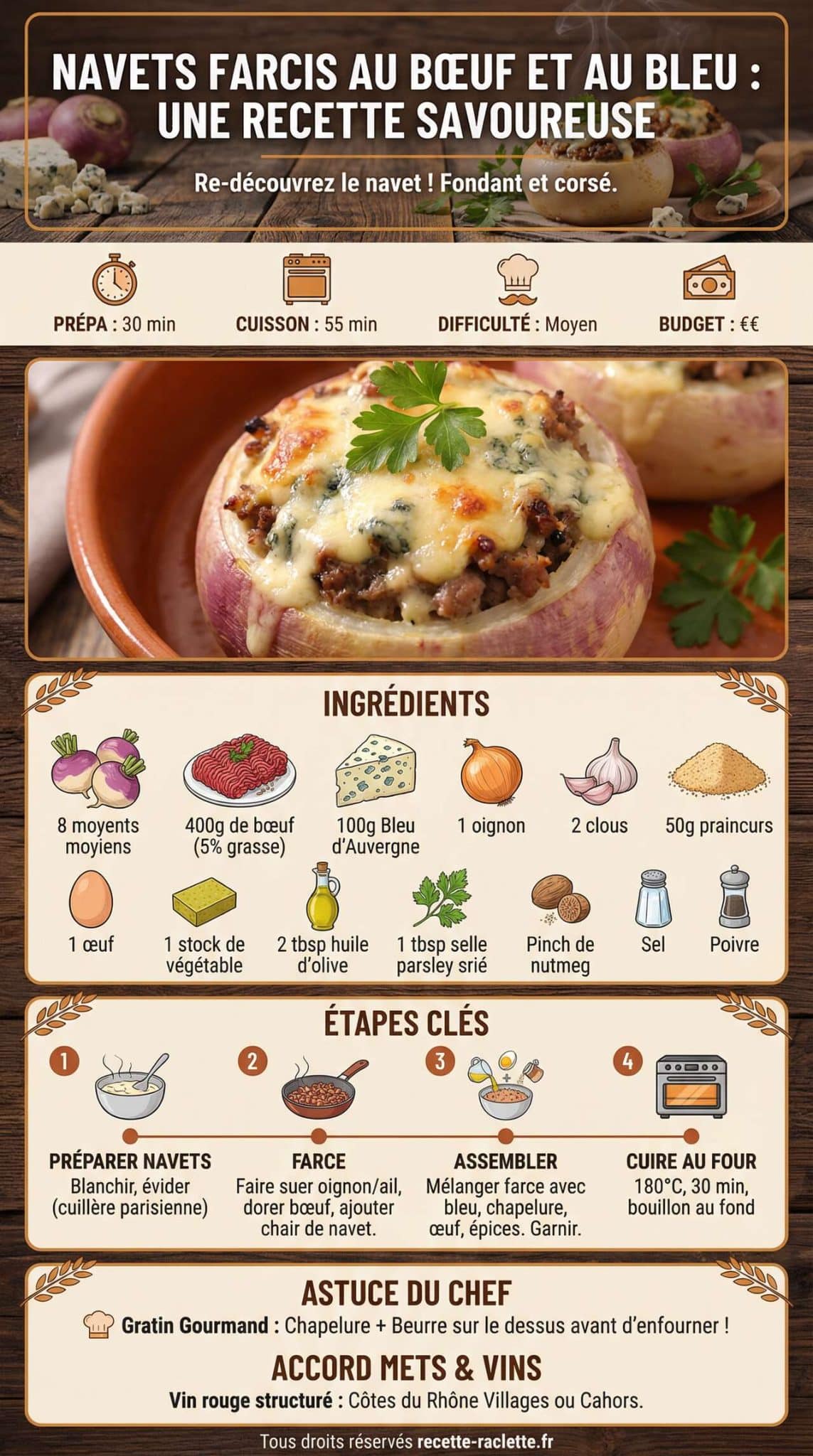 Infographie de la recette Navets farcis au boeuf et au bleu : une recette savoureuse Infographie de la recette Navets farcis au boeuf et au bleu : une recette savoureuse