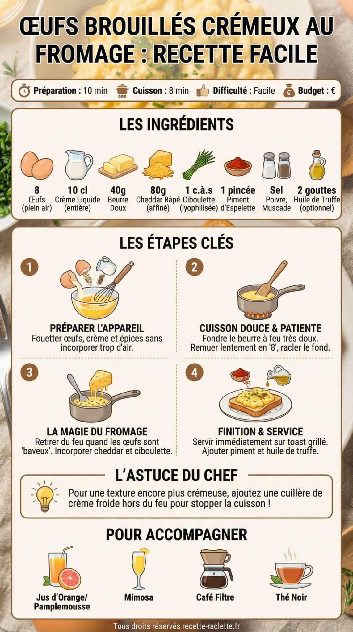 Infographie de la recette &OElig;ufs brouill&eacute;s cr&eacute;meux au fromage : recette facile